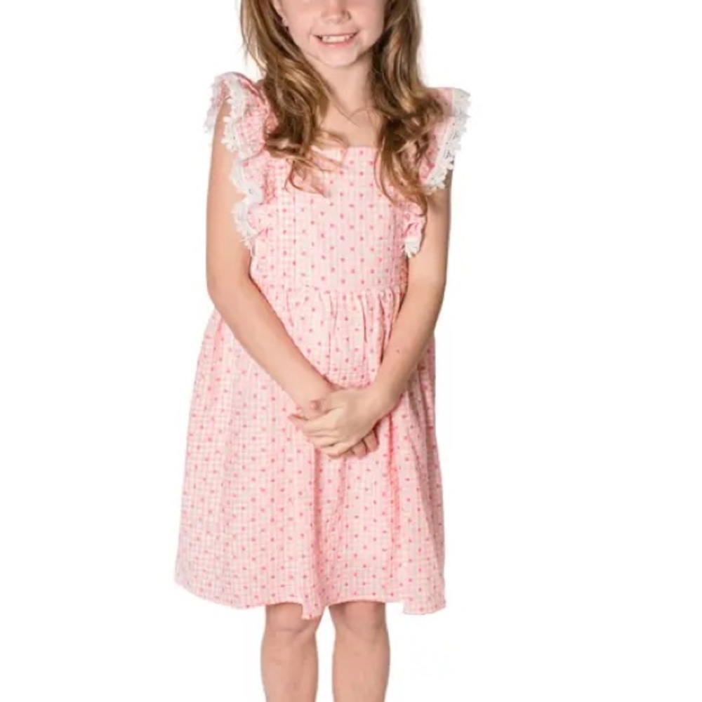 Popatu Nordstrom Lace trim Pinafore dress raspberry with Flutter Sleeves